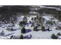 Aerial view of a large lot with a home, detached garage, snow cover, and bordered by mature trees at 9800 N Gasburg Rd, Mooresville, IN 46158