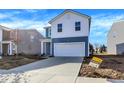Beautiful two-story home with blue siding and a white garage, highlighting new construction in a residential neighborhood at 11711 Cotterill Way, Indianapolis, IN 46235