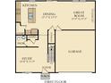 Floor plan of the first floor featuring a kitchen, dining room, great room, study, powder room, and garage at 2004 Foothill Dr, Greenfield, IN 46140