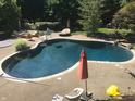 Backyard pool featuring ample seating, pristine water and an open patio, surrounded by mature trees and landscaping at 3803 Nesbitt Rd, Indianapolis, IN 46220