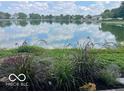 Scenic view of a tranquil pond reflecting the sky, surrounded by lush landscaping in a serene community setting at 520 Gatewood Dr, Greenwood, IN 46143