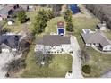 Expansive aerial view of a property with lush landscaping, a pool, and charming outbuildings at 3332 W Raven Field Blvd, Greenfield, IN 46140