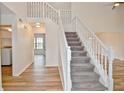 Bright foyer featuring a carpeted staircase with white railing and wood-look flooring throughout at 7044 Bel Moore Cir, Indianapolis, IN 46259