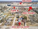 Aerial view highlighting the property location near 500 Infield and Turn 4 at 4953 Mccray St, Indianapolis, IN 46224