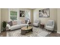 Elegant living room featuring a white sofa, patterned rug, and bright natural light at 6126 Golden Eagle Dr, Zionsville, IN 46077
