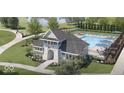 Aerial view of the community pool, showcasing the pool house, ample seating, and well-maintained landscaping at 7316 Broadview, McCordsville, IN 46055