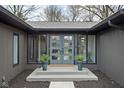 Inviting entryway featuring a stylish glass front door and manicured potted plants at 3707 Chadwick Dr, Carmel, IN 46033