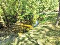 A tranquil view of a creek bordered by lush greenery and sun-dappled grass at 7026 Bluffwood Ct, Brownsburg, IN 46112