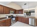 Well-equipped kitchen with stainless steel appliances, wood cabinets, and backyard views at 10441 Alexia Dr, Indianapolis, IN 46236