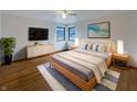 Stylishly furnished main bedroom featuring modern furniture, a ceiling fan, and a decorative area rug at 1221 Kessler Blvd E Dr, Indianapolis, IN 46220