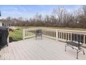 Relaxing back deck with furniture overlooking a serene backyard with mature trees, perfect for entertaining at 14963 Mia Dr, Carmel, IN 46033