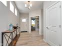 Bright entryway with light wood floors, console table with decor, and white front door at 6919 Sable Point Dr, Brownsburg, IN 46112