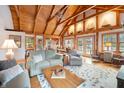 Cozy living room with wood-paneled vaulted ceilings and a large patterned rug at 5111 S Poplar Dr, Columbus, IN 47201