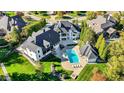 Aerial view of beautiful backyard with pool, patio and lush landscaping at 10351 Windemere Blvd, Carmel, IN 46032