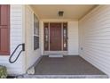 Close-up of a charming front entryway, with a red door framed by sidelights and beige trim at 10324 Springridge Cir, Fishers, IN 46037