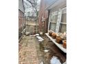 Backyard patio with brick surface, potted plants, and gated fence at 1230 Kessler Blvd E Dr, Indianapolis, IN 46220