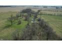 An aerial shot displays trees, greenery, and a small pond area at 10624 N 200 W, Alexandria, IN 46001