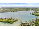 Expansive aerial view of lakefront homes with private docks surrounded by lush trees and blue skies at 3539 Clearwater Cir, Indianapolis, IN 46240