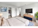 Stylishly decorated bedroom featuring a modern dresser, mounted tv, and a walk-in closet at 3313 Capsella Ln, Indianapolis, IN 46203