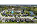 Panoramic aerial view of a residential neighborhood with mature trees and a nearby lake at 7447 Starkey Ct, Indianapolis, IN 46278