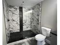 Modern bathroom featuring a glass shower with marble tiles and a black herringbone floor at 1809 S H St, Elwood, IN 46036