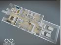 Birds eye view 3D floor plan showcasing layout of bedrooms, living spaces, kitchen and attached two car garage at 2362 English Ave, Indianapolis, IN 46201