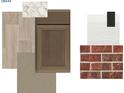 Interior design mood board showcasing natural wood flooring, brick accents, cabinet and counter samples at 8730 Hollander Dr, Camby, IN 46113