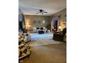 Cozy living room with plush seating, ceiling fan, and a decorative rug creating a welcoming space at 13124 S Elster Way, Fishers, IN 46037