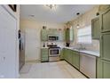 Well-lit kitchen featuring stainless steel appliances and charming green cabinets at 15433 Wandering Way, Noblesville, IN 46060