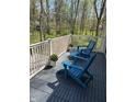Inviting deck with blue Adirondack chairs, perfect for enjoying the surrounding trees and sunny weather at 8990 Pickwick Dr, Indianapolis, IN 46260