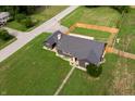Aerial view of home with fenced yard and lots of green space at 6555 Michigan Rd, Indianapolis, IN 46268