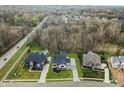 Aerial view showcasing three homes with expansive yards, mature trees, and neighborhood surroundings at 11640 Ansley Ct, Zionsville, IN 46077