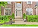 Close-up of a home's front door with elegant trim, decorative plants, and a manicured garden at 6071 Sugar Pine Dr, Avon, IN 46123