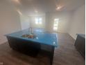 Modern kitchen island with stainless steel sink, dark cabinetry, and hardwood floors at 8727 Duncan St, Fortville, IN 46040