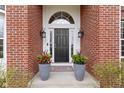 Close up of the home's elegant front door with a brick facade, decorative planters, and classic lighting fixtures at 12030 Auburn Creek, Zionsville, IN 46077
