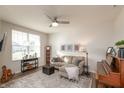 Comfortable living room featuring ample natural light, a ceiling fan, a plush sofa, and classic furniture at 5694 Walkabout Way, Brownsburg, IN 46112