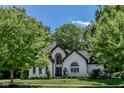 Charming exterior view of a two-story home with brick facade, arched windows, landscaped front yard, and mature trees at 7957 Preservation Dr, Indianapolis, IN 46278