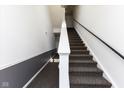 Carpeted stairwell with white walls and a black handrail for a simple and clean look at 12926 University Cres # 2C, Carmel, IN 46032
