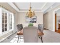 Elegant dining room featuring a tray ceiling, chandelier, and large windows at 8717 Vintner Ct, Indianapolis, IN 46256