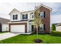 Beautiful two-story home featuring brick and siding exterior, complemented by a green lawn and young tree at 11629 Brookwood Trace Ln, Indianapolis, IN 46229