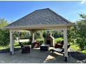 Outdoor lounge with fireplace and seating offers an inviting space for entertaining in a serene backyard setting at 5373 Ashby Ct, Greenwood, IN 46143