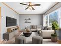 Bright living room with modern furnishings, ceiling fan, and large window views at 1933 Ruth Dr, Indianapolis, IN 46240