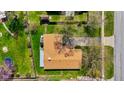 Birds eye view of home, showcasing the roof, backyard, deck, and surrounding green space and mature trees at 2753 N High School Rd, Indianapolis, IN 46224
