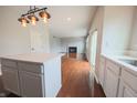 View of the kitchen island, sink, and cabinets, with an open view to the dining and living room at 12332 Cobblefield Ct, Fishers, IN 46037