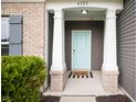 Close-up of a stylish blue front door with white trim and a welcoming entrance at 6323 Emerald Field Way, Indianapolis, IN 46221