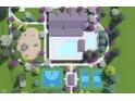 Bird's eye view of a community center with a pool, playground, and basketball and pickleball courts, surrounded by trees at 16453 Alps Rd, Noblesville, IN 46060