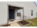 Inviting entryway with a dark blue front door, neutral siding, and tidy landscaping at 10861 Tealpoint Dr, Indianapolis, IN 46229