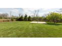 Expansive backyard with lush green grass, mature trees, and a basketball court, perfect for outdoor activities at 2093 Autumn Faith Way, Avon, IN 46123
