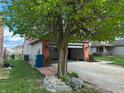 Landscaped front yard featuring a large tree with blooming flowers, brick border, and well-kept lawn at 7201 Barnwell Pl, Indianapolis, IN 46217