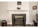 Elegant fireplace with a dark marble surround, a decorative mantel, and classic architectural details at 8116 Heritage Commons Dr # Bldg 24, Indianapolis, IN 46219